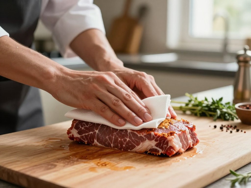 Fleisch trocken tupfen für knusprige Kruste Fleisch trocken tupfen für knusprige Kruste