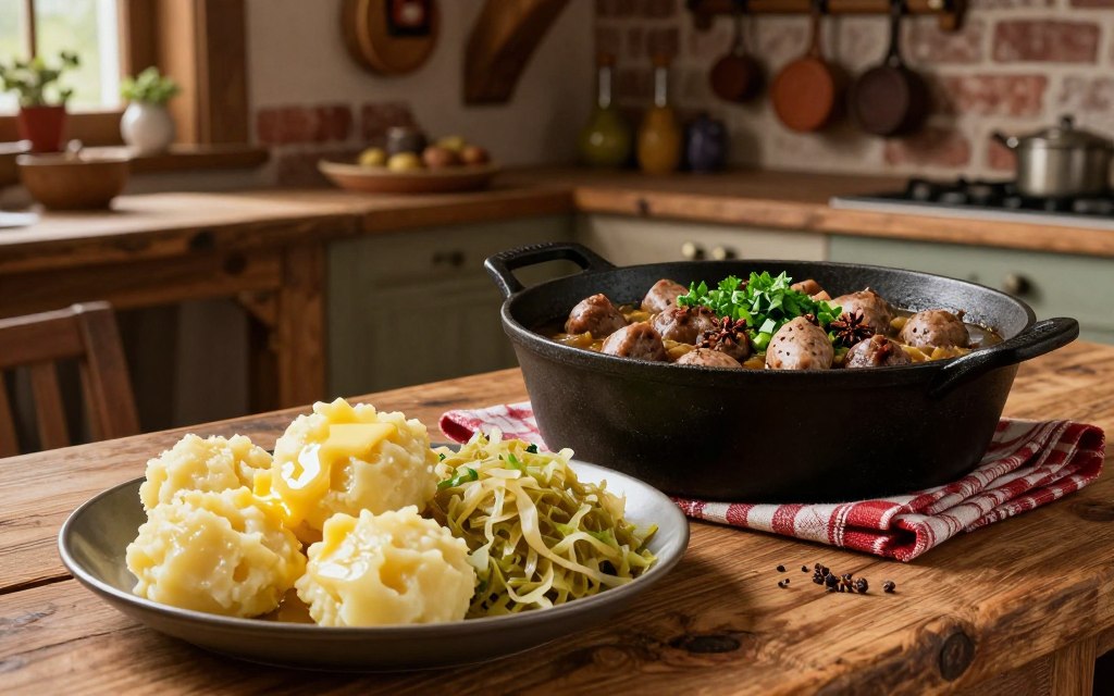Regionale Spezialitäten mit Kartoffeln und Kohl