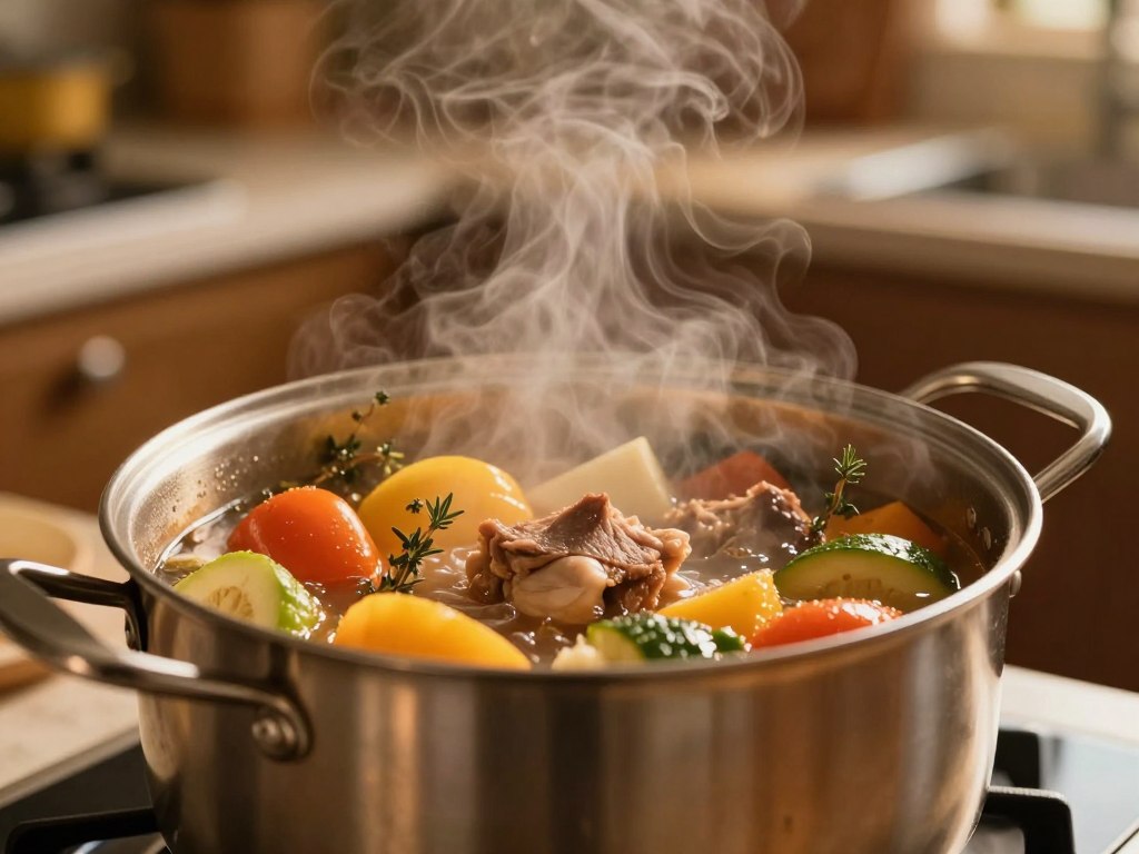 Dünstvorgang bei niedriger Temperatur im geschlossenen Topf Dünstvorgang bei niedriger Temperatur im geschlossenen Topf